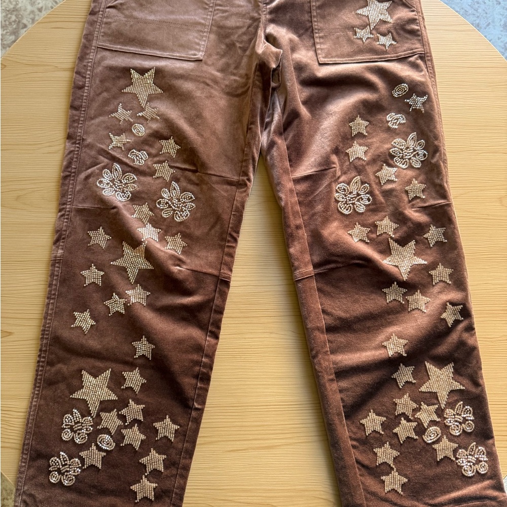 Pilcro Wanderer Velvet Star Embroidered Pants Anthropologie Brown Size 28 NWT - Picture 7 of 7